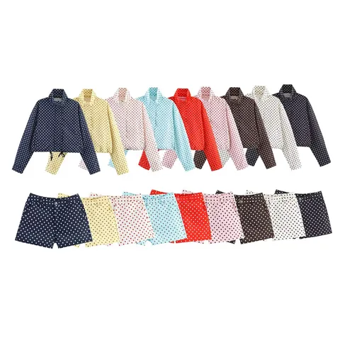 Women Polka Dot Print Long Sleeve Stand Collar Drawstring Jacket And Slim Shorts Two Piece Casual Summer Streetwear Outfit