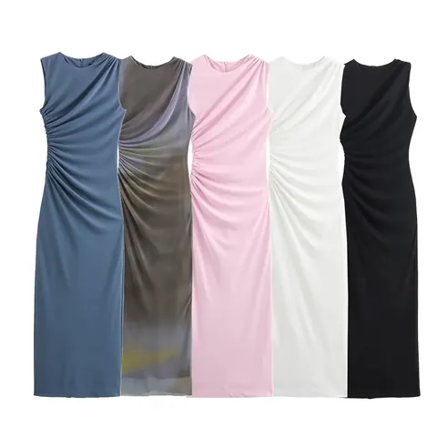 Vestido Midi de Mujer Verano de Poliéster con Estampado de Malla y Fruncido Sin Mangas Cuello Redondo Ajustado Sexy Streetwear