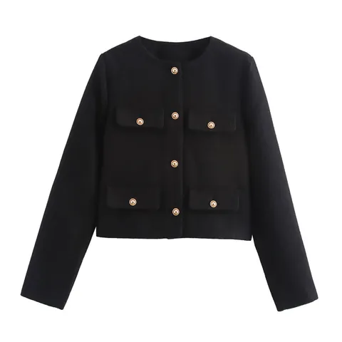Chaqueta Blazer Elegante Estilo Tweed para Mujer Cuello Redondo Corto con Botones Metálicos Cuatro Bolsillos Casual Color Sólido Otoño Top