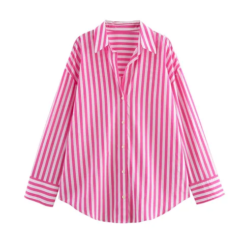 Women Casual Polyester Striped Shirt Long Sleeve Single Breasted Lapel Blouse Western Style Printed Top For Daily Wear