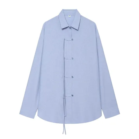 Women New Chinese Style Pure Linen Shirt Top Long Sleeve Frog Button Tie Distressed Casual Light Blue Blouse Summer Shirt