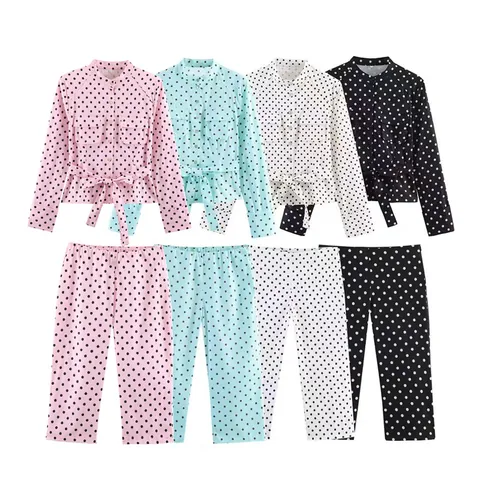 Women Fashion Casual Polka Dot Print Shirt Jacket And Straight Leg Pants European American Style Top And Bottom