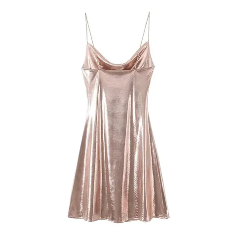 European Metallic Cowl Neck Spaghetti Strap Mini Dress Sexy Backless Slip Dress For Women Party Nightclub Solid Dress