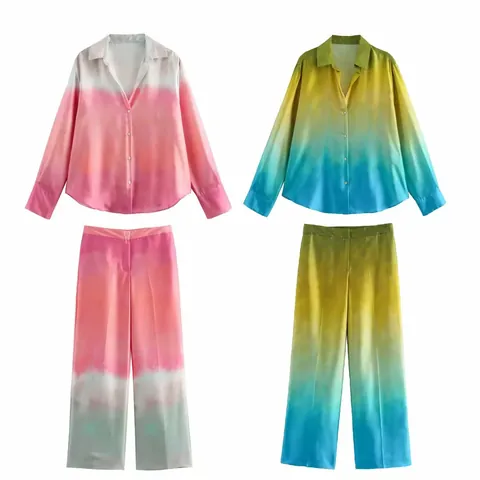 Women Summer Tie Dye Print Satin Shirt Straight Leg Pants Two Piece Set Long Sleeve Lapel Top Trousers Outfits