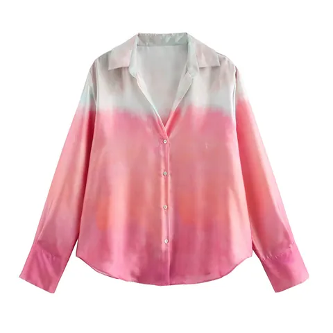 Women Summer Tie Dye Print Satin Shirt Straight Leg Pants Two Piece Set Long Sleeve Lapel Top Trousers Outfits