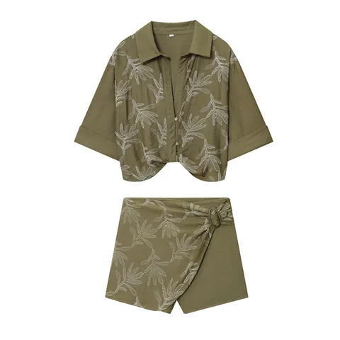 Women's Western Style Olive Green Printed Two Piece Set Polyester Casual Long Sleeve Top And Shorts Set For Daily Wear