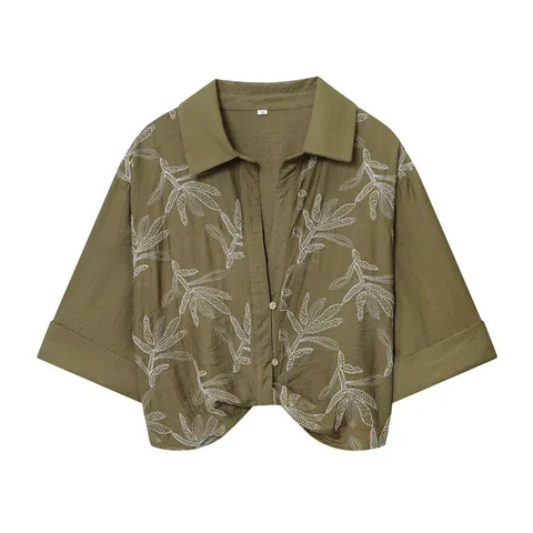 Women's Western Style Olive Green Printed Two Piece Set Polyester Casual Long Sleeve Top And Shorts Set For Daily Wear