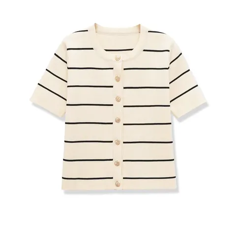 Women Striped Knit Set Round Neck Short Sleeve Cardigan Top And Mini A-Line Skirt Old Money Style Two Piece Casual Set