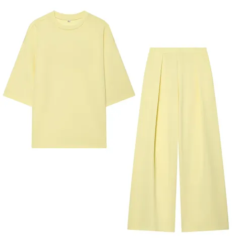 Top Casual a Manica Corta in Tinta Unita da Donna con Spacco Laterale Pantaloni Plissettati a Gamba Larga a Vita Alta in Poliestere