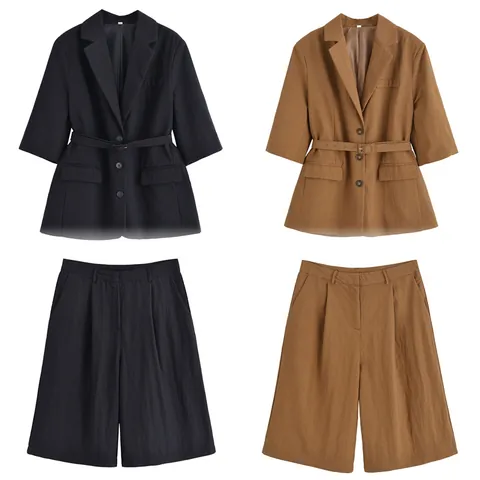 Conjunto de Blazer de Lino Casual para Mujer y Pantalones Cortos Top y Bottom Transpirable de Media Manga con Cordones
