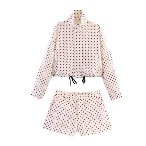 Women Polka Dot Print Long Sleeve Stand Collar Drawstring Jacket And Slim Shorts Two Piece Casual Summer Streetwear Outfit