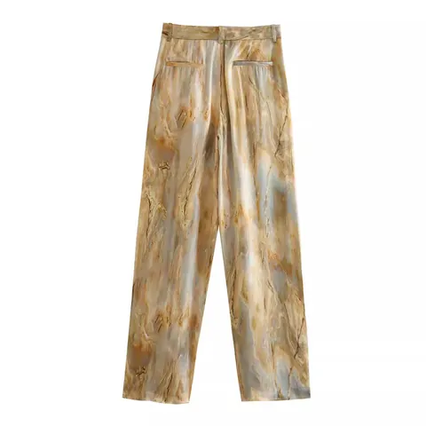 Women's Satin Tie-Dye Print Shirt And Straight Leg Pants Set Casual Marble Pattern Blouse And Trousers Streetwear