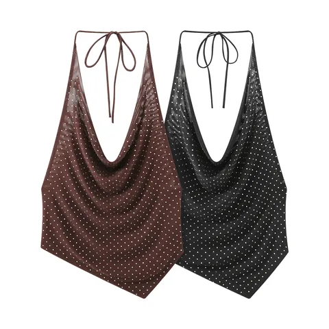 Damen Halfter Wasserfallausschnitt Mesh Strass Tank Top Sexy Rückenfrei Bindeband Unregelmäßiger Saum Ärmellos Crop Top Party Clubwear