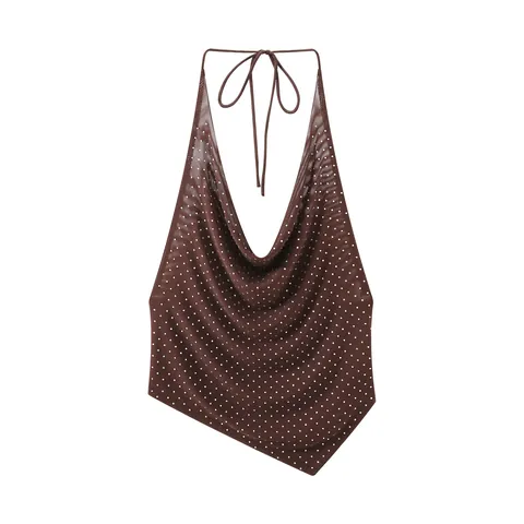 Damen Halfter Wasserfallausschnitt Mesh Strass Tank Top Sexy Rückenfrei Bindeband Unregelmäßiger Saum Ärmellos Crop Top Party Clubwear