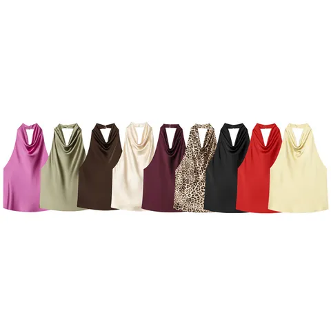 Dames Halter Watervalhals Satijn Top Mouwloos Rugloos Effen Kleur Sexy Zomerblouse Feest Polyester Camisole