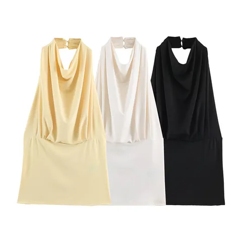 Women Sexy Halter Neck Cowl Pleated Sleeveless Top Summer Backless Draped Vest Y2K Fashion Spicy Girl Polyester Slim Top