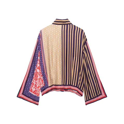 Completo Donna Stile Occidentale Camicia a Maniche Lunghe Stampata Patchwork e Gonna Midi Abbigliamento Casual Bohemien