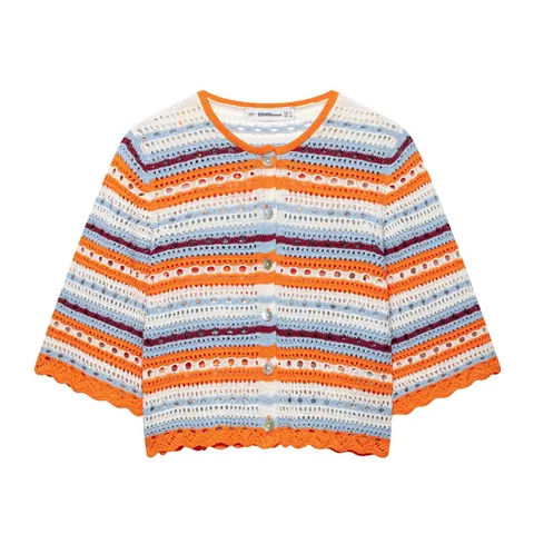 Chaqueta Cardigan de Punto a Rayas Calada para Mujer Verano Casual de Poliéster Colorida Crochet con Borde Festoneado