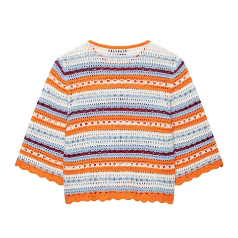 Chaqueta Cardigan de Punto a Rayas Calada para Mujer Verano Casual de Poliéster Colorida Crochet con Borde Festoneado