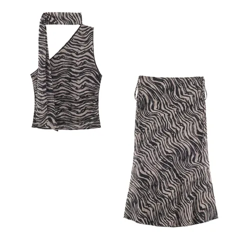 Femmes Sexy Imprimé Zèbre Col Écharpe Top Épaules Dénudées et Jupe Midi Froncée Polyester Mesh Top And Bottom Vêtements d'Été