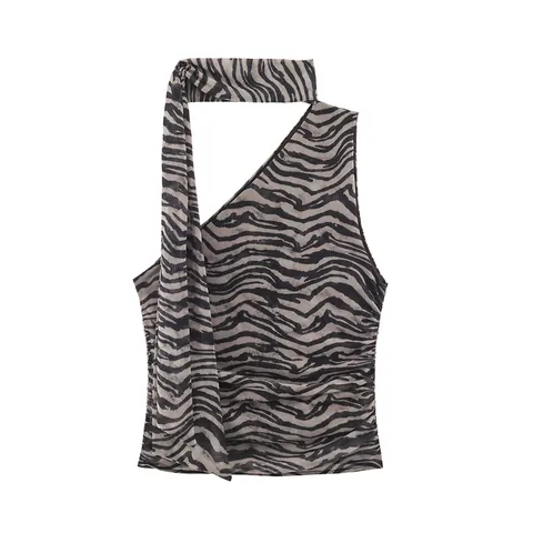 Femmes Sexy Imprimé Zèbre Col Écharpe Top Épaules Dénudées et Jupe Midi Froncée Polyester Mesh Top And Bottom Vêtements d'Été