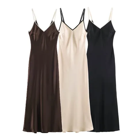 Women Sexy Contrast Trim Satin Slip Dress Western Style V Neck Sleeveless Slim Fit Midi Dress For Summer Party Daily Wear