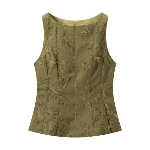 Women's Fringed Jacquard Sleeveless Top Olive Green Round Neck Tank Top Casual Western Style Fitted Vest Autumn Fashion