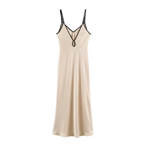 Women Sexy Contrast Trim Satin Slip Dress Western Style V Neck Sleeveless Slim Fit Midi Dress For Summer Party Daily Wear