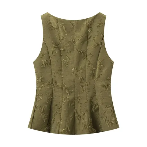 Women's Fringed Jacquard Sleeveless Top Olive Green Round Neck Tank Top Casual Western Style Fitted Vest Autumn Fashion
