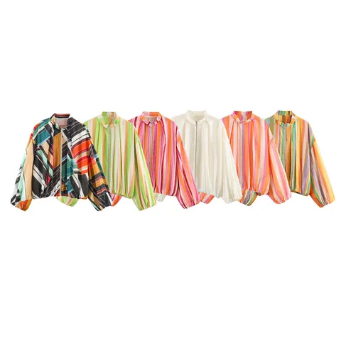 Chaqueta a Rayas Informal de Moda de Verano para Mujer Capispalla Holgada con Cuello Alto y Cremallera Ligera de Manga Larga Farol