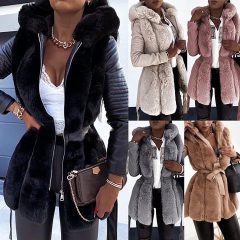 Women Faux Fur Hooded Coat With Belt Zipper Patchwork Long Sleeve Jacket Casual Warm Solid Color Outerwear For Autumn Winter