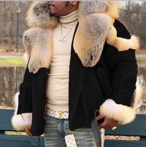 Heren Kunstbontjas Met Grote Bontkraag Winter Warm Lamswol-Stijl Suèdine Jas Met Lange Mouwen Voor Heren