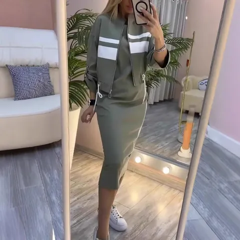 Women's Casual Polyester Skirt Set Sporty Striped Zip Up Jacket And Midi Bodycon Skirt Outfit Top And Bottom For Autumn
