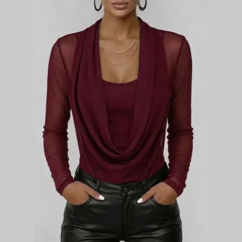 Dames Gedrapeerde Hals Top Lange Mouw Slim Fit Mesh Inzetstuk Lagenlook Minimalistisch Elegant T-Shirt Effen Kleur Kantoor Top