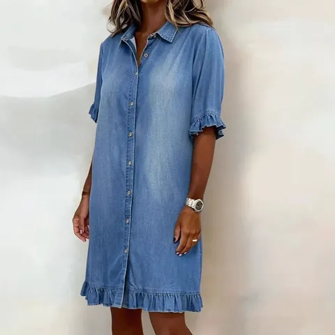 Women Ruffle Hem Denim Shirt Dress Button Down Short Sleeve Casual Summer Mini Dress Streetwear Solid Color Western Style Dress
