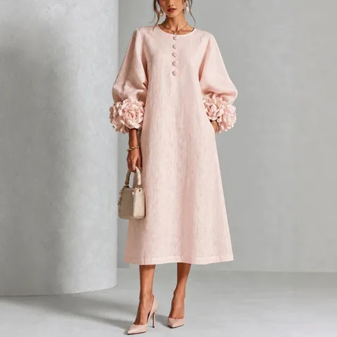 French Style 3D Floral Lantern Sleeve Linen Cotton Blend Midi Dress Elegant A-Line Commuter Pullover Dress For Women