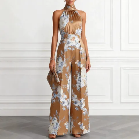 Women Halter Neck Sleeveless Floral Print Jumpsuit High Waist Wide Leg Long Pants Street Fashion One-Piece Outfit Polyester