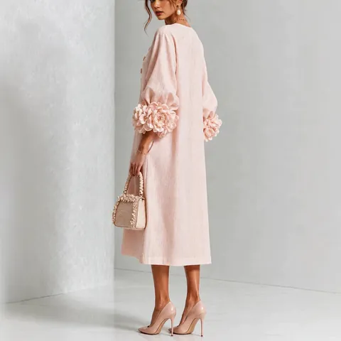 French Style 3D Floral Lantern Sleeve Linen Cotton Blend Midi Dress Elegant A-Line Commuter Pullover Dress For Women
