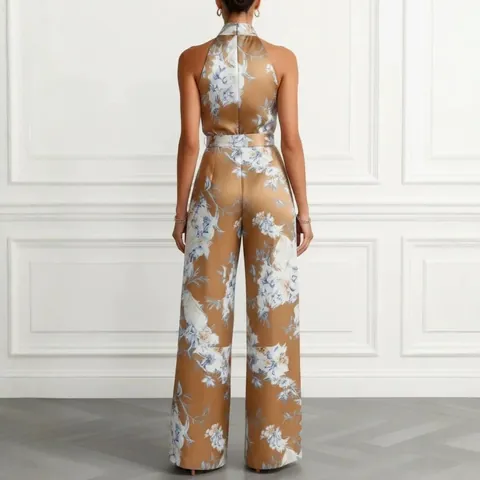 Women Halter Neck Sleeveless Floral Print Jumpsuit High Waist Wide Leg Long Pants Street Fashion One-Piece Outfit Polyester