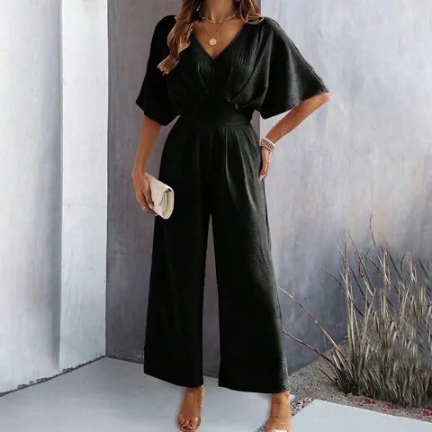 Women's Elegant V-Neck Short Sleeve Jumpsuit Casual Solid Color Wide Leg Romper with High Waist Pleated Detail Summer Fashion