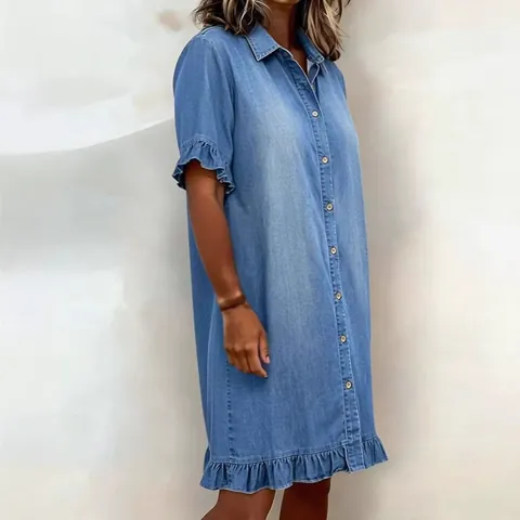 Women Ruffle Hem Denim Shirt Dress Button Down Short Sleeve Casual Summer Mini Dress Streetwear Solid Color Western Style Dress