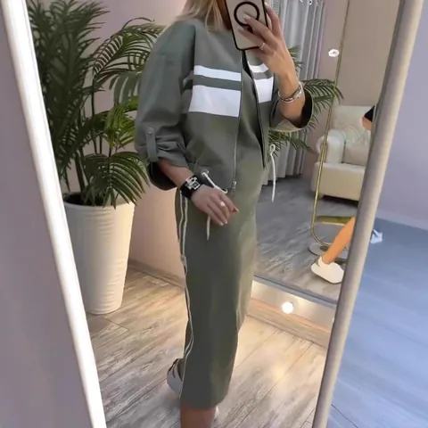 Women's Casual Polyester Skirt Set Sporty Striped Zip Up Jacket And Midi Bodycon Skirt Outfit Top And Bottom For Autumn