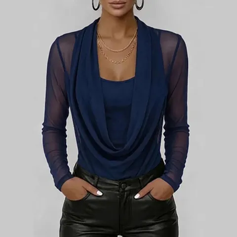 Dames Gedrapeerde Hals Top Lange Mouw Slim Fit Mesh Inzetstuk Lagenlook Minimalistisch Elegant T-Shirt Effen Kleur Kantoor Top