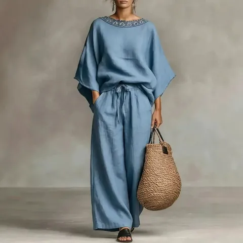 Mujer Verano Casual Holgado Poliéster Encaje Cuello Redondo Parte Superior e Inferior Pantalón Pierna Ancha Bohemio Vacaciones