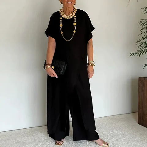 Set Top E Bottom Asimmetrico da Donna in Poliestere Minimalista Elegante Pendolare Manica a Pipistrello Pantaloni a Gamba Larga