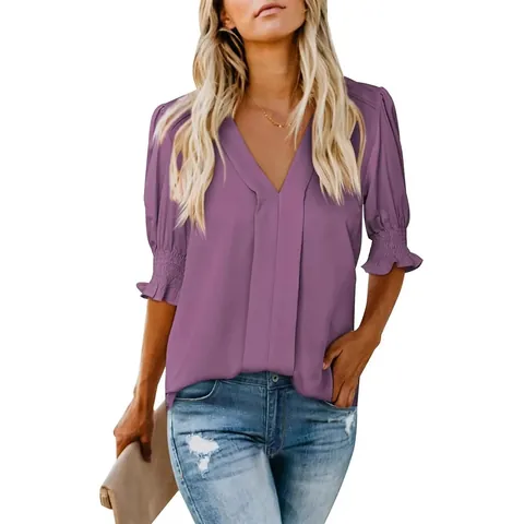 Women Casual V Neck Short Sleeve Blouse Solid Color Smocked Ruffle Cuff Summer Loose Fashion Polyester Shirt Tops