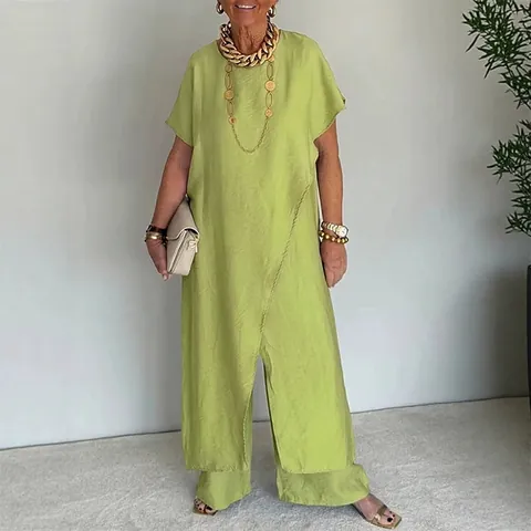 Set Top E Bottom Asimmetrico da Donna in Poliestere Minimalista Elegante Pendolare Manica a Pipistrello Pantaloni a Gamba Larga