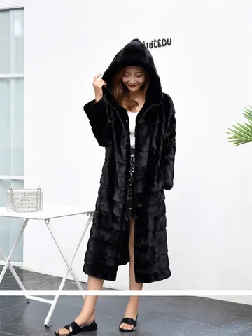 Women Luxury Long Faux Fur Coat Hooded Black Slimming Winter Warm Faux Mink Fur Overcoat Whole Skin Outerwear For Ladies