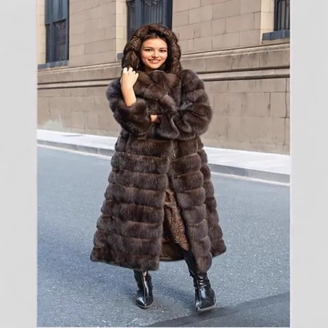 Women's Luxury Long Faux Fur Hooded Coat Russian Sable Style Winter Warm Faux Mink Fur Patchwork Outwear Top