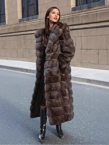 Women's Luxury Long Faux Fur Hooded Coat Russian Sable Style Winter Warm Faux Mink Fur Patchwork Outwear Top